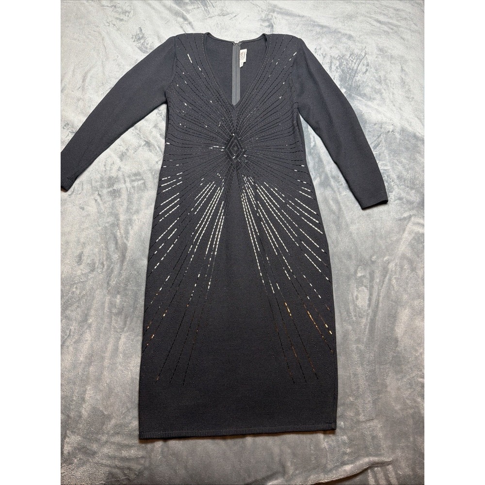St. John Vintage 1970's Beaded Sequin Knit V-Neck Sheath Evening Dress Size 12